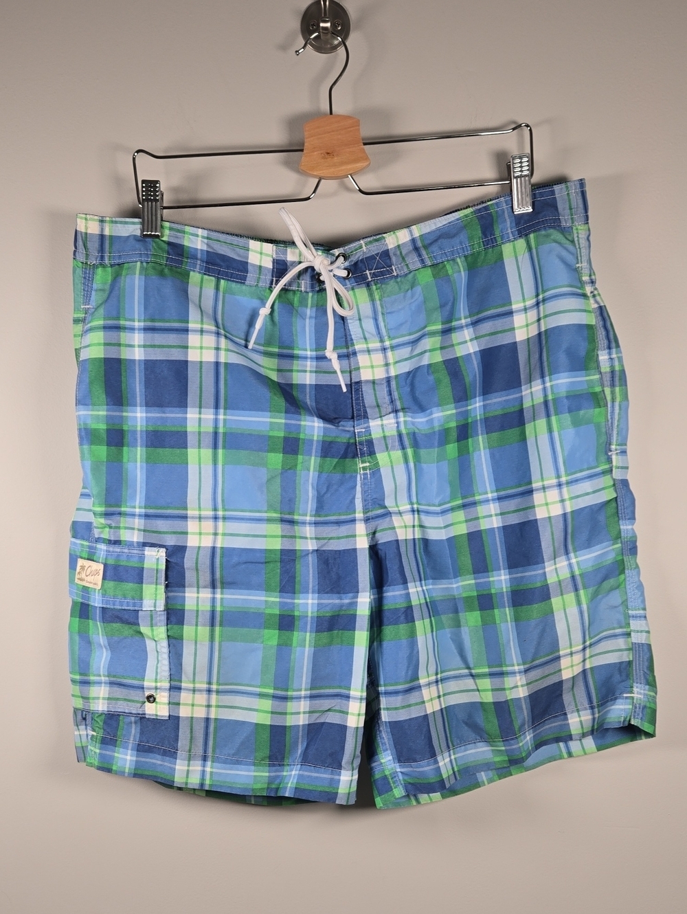 Chaps Men's Blue & Green Plaid Swim Board Shorts with Cargo Pocket